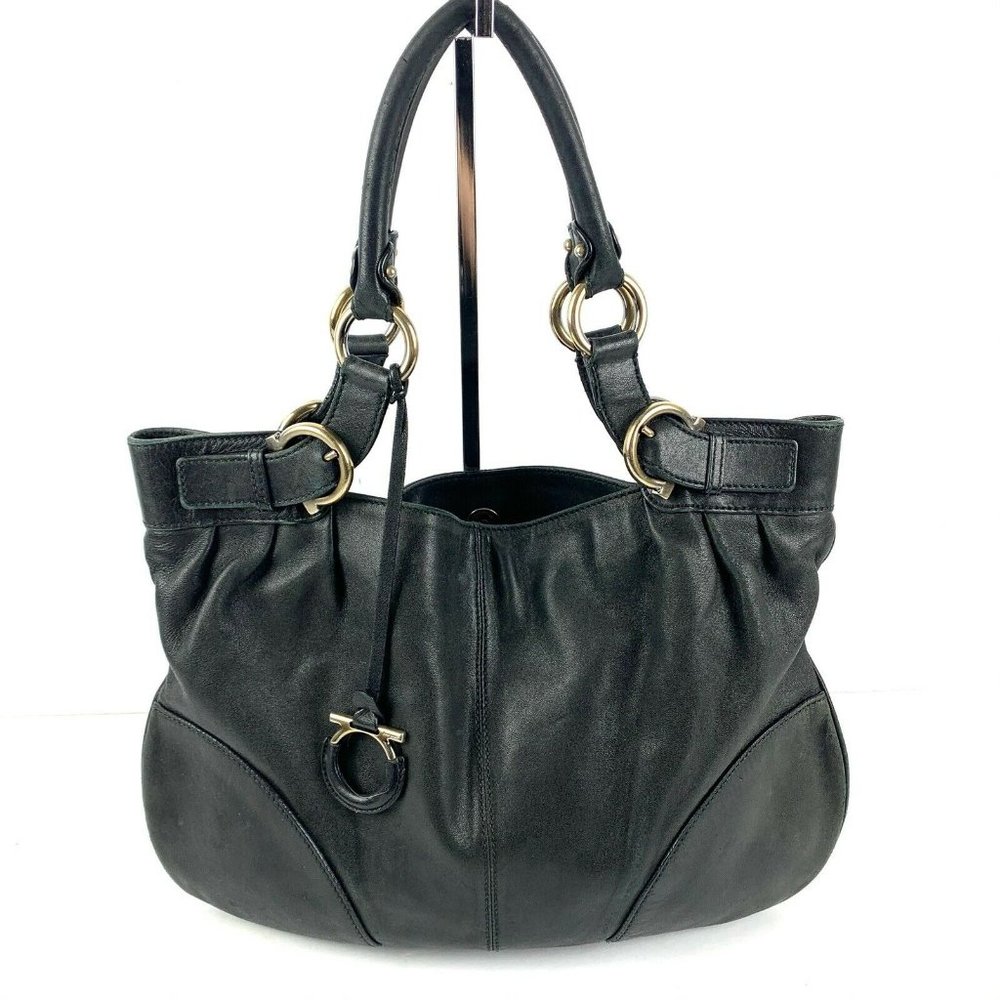 Salvatore Ferragamo Gancini Satchel Black Lambskin